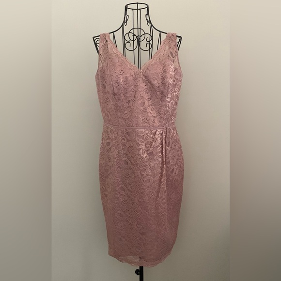 New! David’s Bridal Rose Gold Metallic V-Neck Sheath Cocktail Dress with Straps - Picture 16 of 16